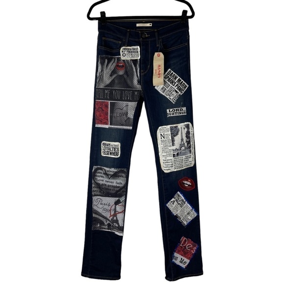 LEVI'S SLIMMING STRAIGHT HIGH RISE CUSTOMIZED HARRY POTTER PATCH DARK DENIM JEAN - Picture 3 of 15